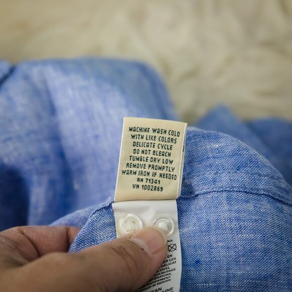 L.L. Bean Size Small S Petite Blue Mandarin Collar Button Long Sleeve Linen Top - Picture 5 of 6